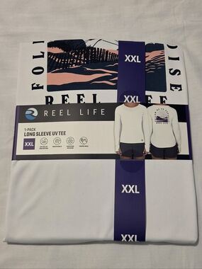 Reel Life Women’s Long Sleeve UV Tee - White with Pink & Navy Graphic (XXL)